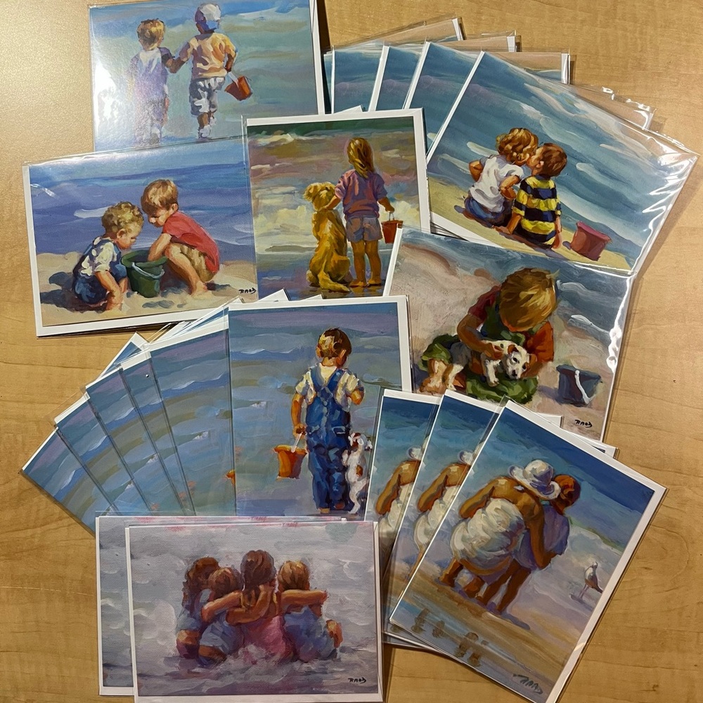 25 new in sealed plastic blank greeting cards, children on the beach painting